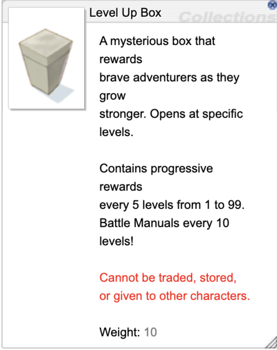 Level Up Box item panel